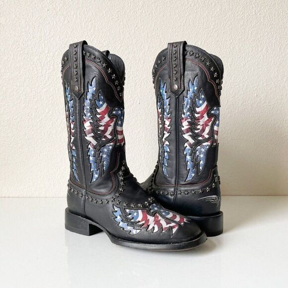 Lane Boots Other - Lane OLD GLORY Mens Cowboy Boots 9 Square Toe Black Leather Biker Boots Western